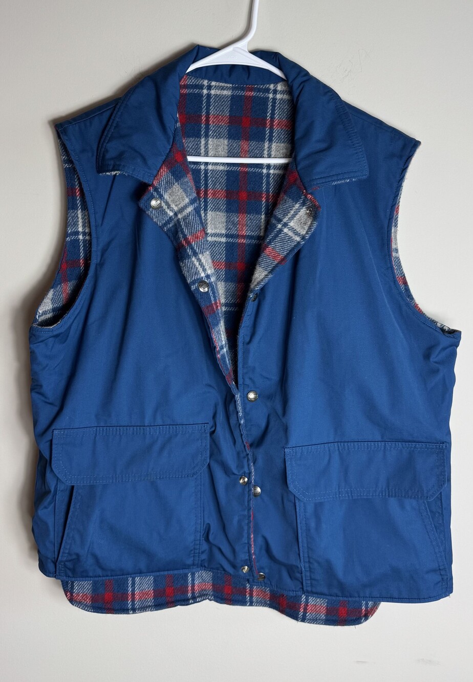 Vintage Woolrich Blue Vest with Plaid Flannel Lining Snap Button Reversible